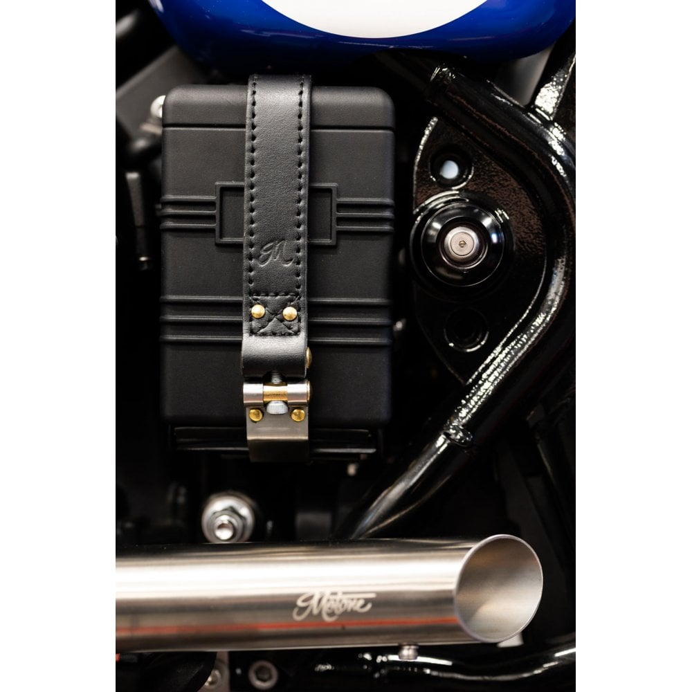 Motone The Beltane - Bobber/Speedmaster Battery Strap - Black Leather & Brass