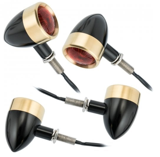 Motone Custom Billet Indicator Turn Signals "JPS" Set of 4 - Black/BRASS Bezels