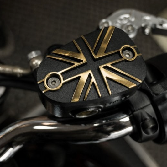 Disc Brake Oil Reservoir Master Cylinder Cap - Union Jack - BRASS & BLACK