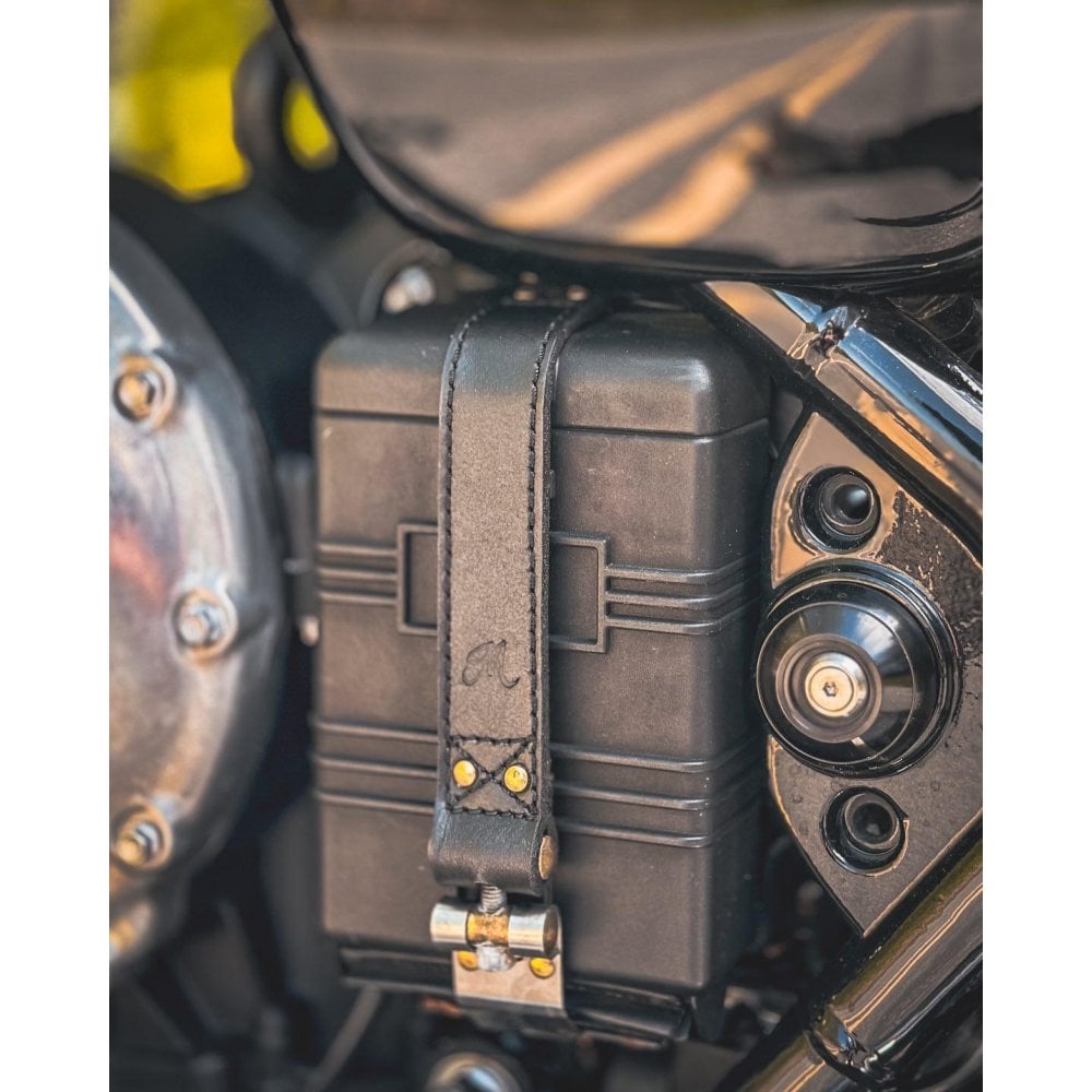 Motone The Beltane - Bobber/Speedmaster Battery Strap - Black Leather & Brass