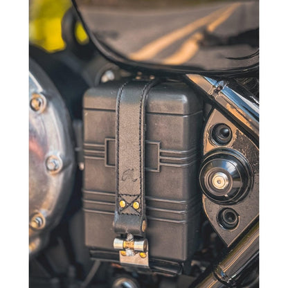 Motone The Beltane - Bobber/Speedmaster Battery Strap - Black Leather & Brass